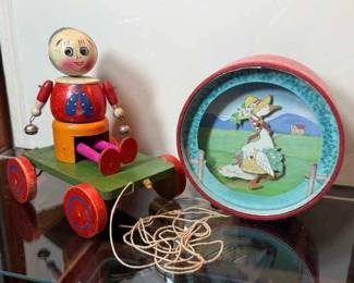 Antique Wood Pull Toy Musical Bank
