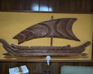 Vintage MCM Witco 3D Viking Ship Wood Carving Wall Art
