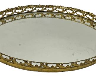 Oval Brass Filigree Mirrored Vanity Tray