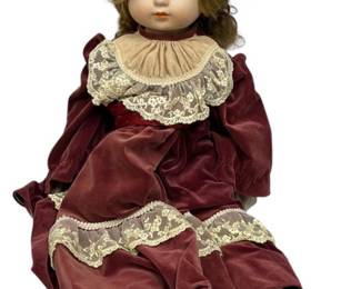 Porcelain Doll in Burgundy Velour w Lace