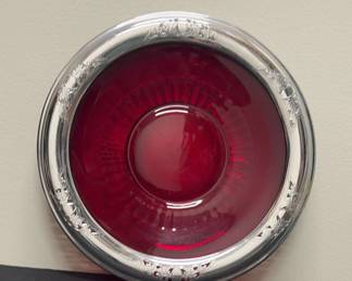Cake Plate Art Deco Chrome Red Glass 