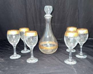 Vintage Decanter 6 Goblets from Italy  Gold Rimmed