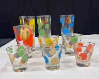 Vintage Russel Wright Glasses Colorful Polkadots with Gold