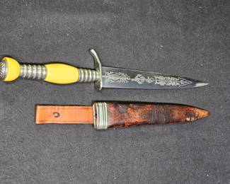 Vtg Etched Fixed Blade Dagger with Leather Sheath