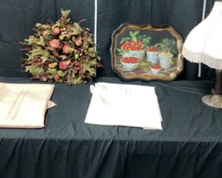 Two Tablecloths, a Fall Harvest Wreath, a Vintage Keller Charles Tray a Lamp