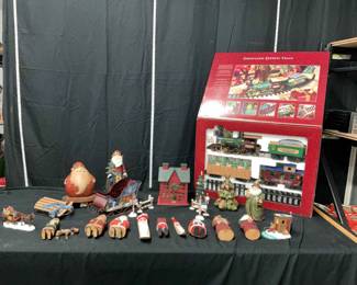 Collection of Christmas Train Set, Village Pieces Hand Carved Figurines