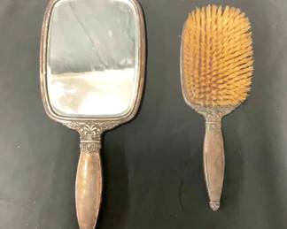 Antique Silver Hand Mirror Hair Brush