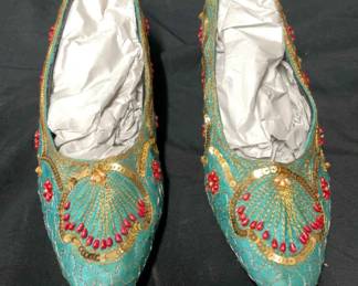 Embroidered Beaded Kitten Heel Slippers