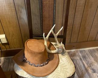 Wooden Chair, Hat, Antlers 