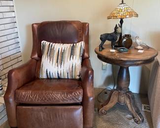 Vtg Bird Door Stop, Antique Boston Terrier Dog , Tiffany Style Lamp, Wooden Side Table, Leather Recliner, Decorative Pillow
