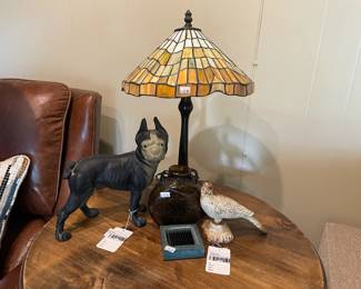 Vtg Bird Door Stop, Antique Boston Terrier Dog , Tiffany Style Lamp