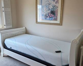New, never used, extra long twin bed frame with Temper-Pedic luxeadapt mattress with memory foam. New, never used.