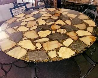 $350 - MCM onyx, abalone stone top table & 4 iron chairs