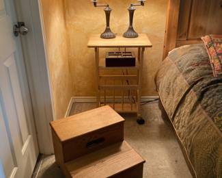 Pair of Bronze Tone Swing Arm Table Lamps, Small Wood Bar Cart, Two Step Stepping Stool
