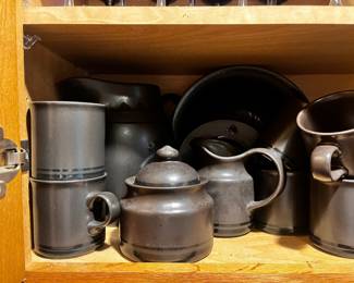 Black Stoneware Coffee Mugs, Covered Sugar Bowl, Creamer Pitcher