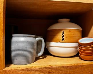 Gray Stoneware Oversized Mug, Japanese Style Bamboo & Ceramic Steamer Pot, Set of 6 Terra Cotta Dipping Bowls