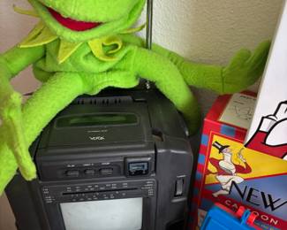 Kermit the Frog Puppet, 1990s Yorx AM/FM, Cassette Player, Black and White TV