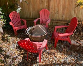Wood Burning Fire Pit, Set of 4 Red Plastic Adirondack Chairs