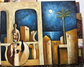 Framed Surreal Coastal Scene Painting Signed Frankie