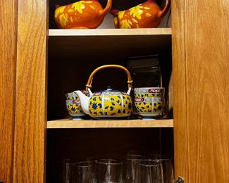 Pair of Fall Themed Ceramic Gravy Boats, Japanese Blue & Yellow Floral Porcelain Bamboo Handle Teapot with 4 Cups, Optic Swirl Glass Set