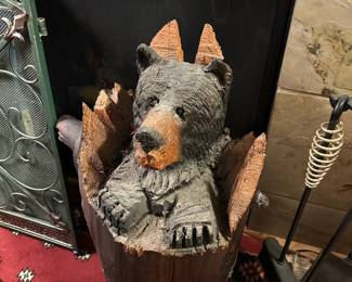 Carved Wood Black Bear in a Tree Trunk Sculpture