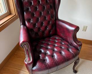 Burgundy Tufted Leather Wingback Arm Chair
