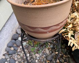 Rustic Ceramic Planter, Black Wrought Iron Plant Stand