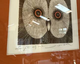 Framed & Matted Owl Etching Lithograph by Jean-Pierre Orinel