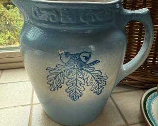 Blue & Cream Stoneware Pitcher with Acorn Design