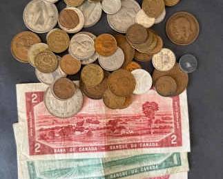 Mystery Lot of Vintage Foreign Coins Currency  40 Coins  3 Canadian Banknotes