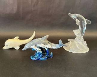 3 Dolphin sculptures Glass, Ceramic  HandPainted 