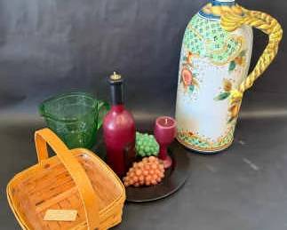 Eclectic Kitchen Decor Collection  Handled Pitcher, Longaberger Basket, Glassware  More