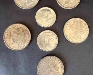 7Coin U.S. Silver Dollar Lot  Morgan, Peace  Kennedy Half Dollars  90 Silver 