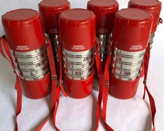 Lot of 6 Vintage Nissan Stainless Steel Thermoses Red with Straps  Insulated Food  Beverage Carr