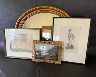 Antique Art Collection with Ornate Mirror Etchings, Photographs, and Prints