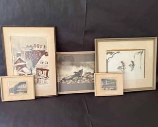 Collection of Framed Art Prints Watercolors  Landscape  Figurative Scenes