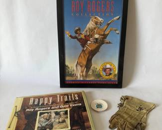 Roy Rogers Collectibles Lot Framed Poster, Happy Trails Book, Glove, and Collector Plate