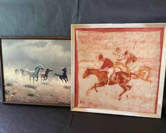 Set of Framed Equine Artworks Wild Horses  Abstract Jockeys on Silk