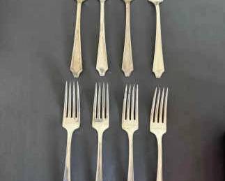 Set of 8 Sterling Silver Dinner Forks Classic Art Deco Pattern