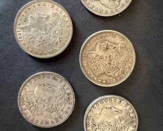 5 Morgan Silver Dollars 1883 to 1901  Vintage 90 Silver U.S. Coins