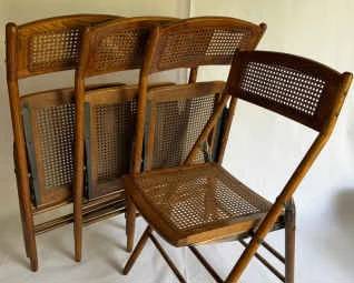 Set of 4 Vintage Wooden Folding Chairs with Cane Seats and Backs