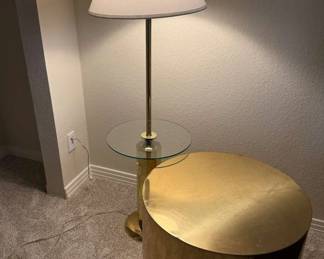 Modern Floor Lamp with Glass Shelf Gold Drum Side Table