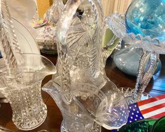 Antique Brilliant cut crystal Floral Baskets and Pitcher