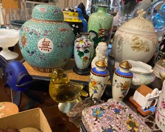 Assortment of Asian pieces including 1894 Cloisonne Box, Ginger Jars