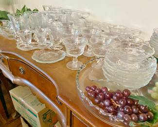 Large collection of Fostoria Century Pressed Glass from serving pieces, bowls, plates, glass and stemware