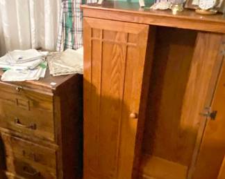 Several Oak Storage Cabinets and 2 Drawer Oak Filing Cabinets