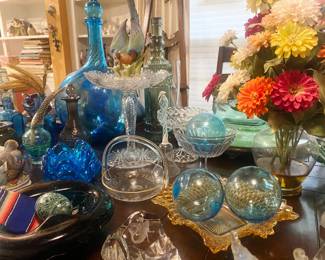 Aqua Color Glass Decanters, Cut Crystal Serving Pieces,