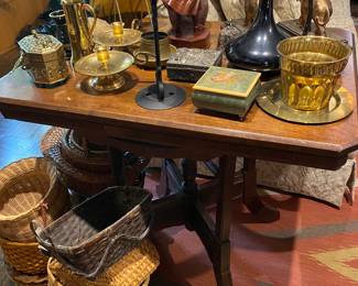 Eastlake Parlor Table with wood carvings, brass accessories and MORE