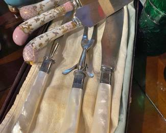 Antique Mother of Pearl Carving Set and Porcelain Carving Set