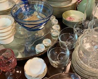 Hand Blown Glass by Rick Harkness, Porcelain Salts, Pink Depression Glass
